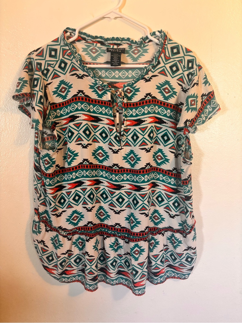 Wrangler Teal Cream Aztec-Pattern Short Sleeve Tunic with Tie Neck